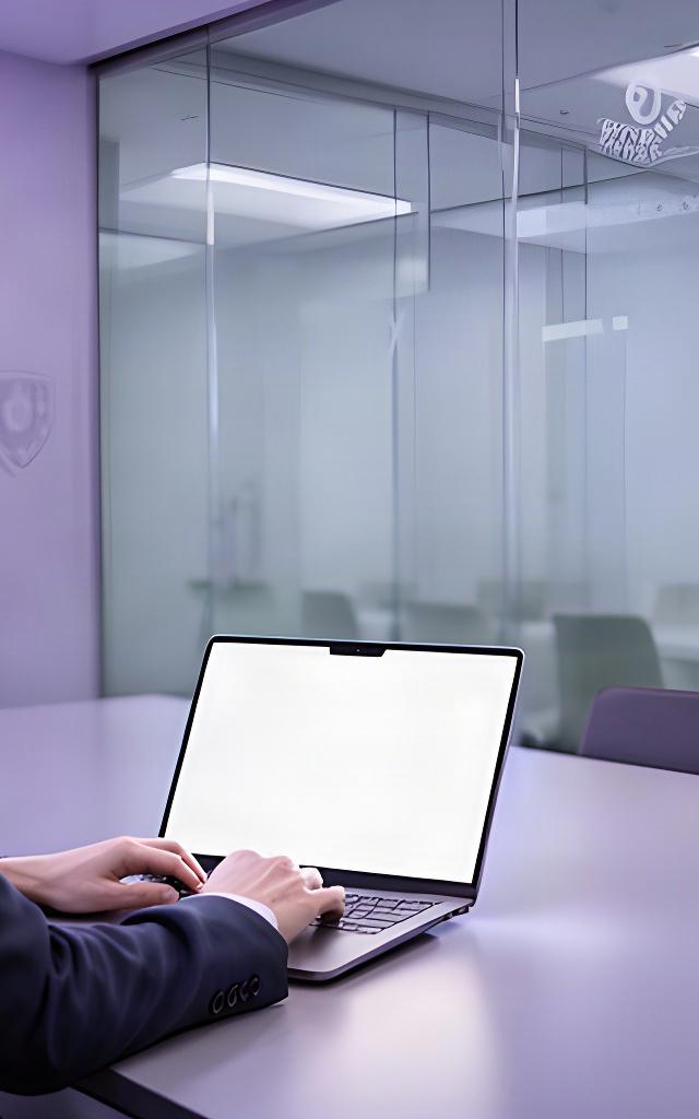 Profesional trabajando con un portátil protegido en una sala de reuniones jurídica