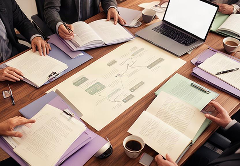 Abogados elaborando una estrategia jurídica con expedientes abiertos