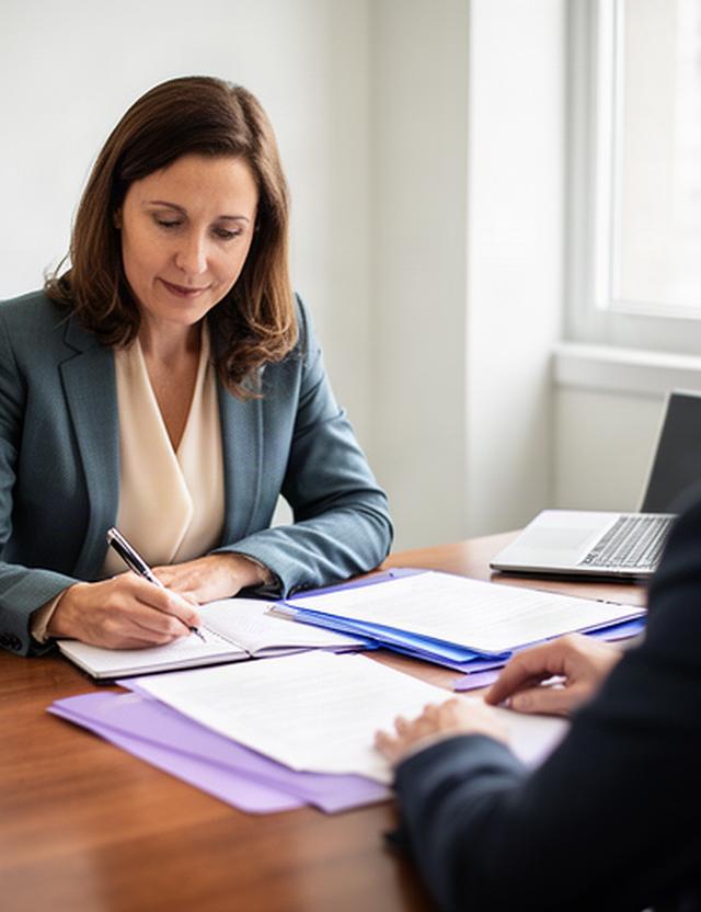 Consultor laboral tomando notas durante una reunión profesional con documentación sobre la mesa