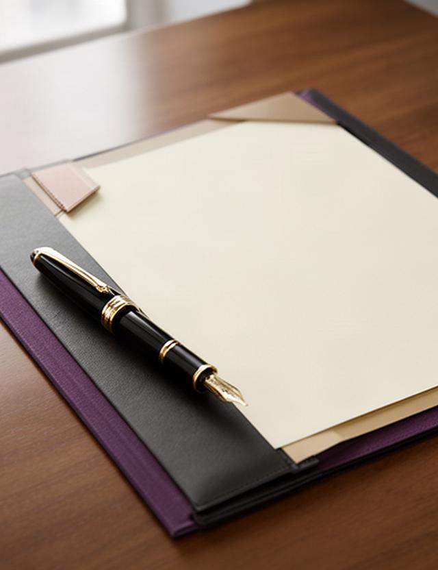 Contrato jurídico junto a una pluma y una carpeta sobre una mesa de despacho