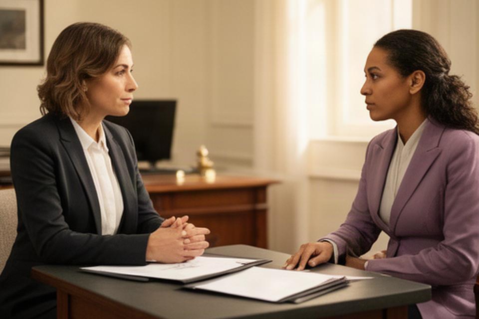 Profesional del derecho conversando con una persona en un despacho tranquilo