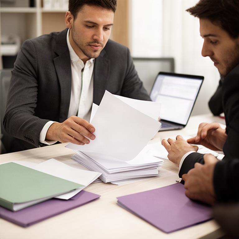 Asesor jurídico revisando documentos de una empresa en una mesa de reuniones
