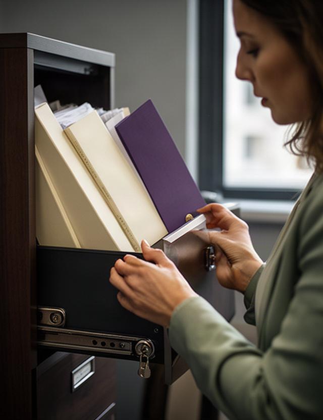 Abogada guardando documentación confidencial en un archivo del despacho