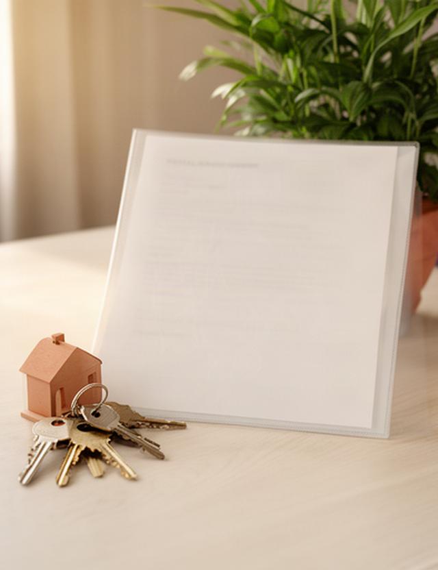 Contrato de alquiler de vivienda junto a llaves y una planta de interior