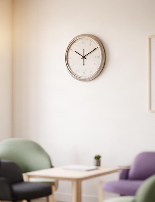 Reloj de pared en una sala de atención jurídica ordenada