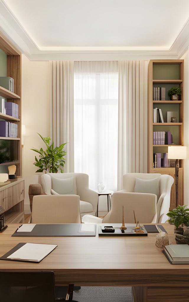 Interior de un despacho jurídico en Asturias con biblioteca, mesa de trabajo y luz natural