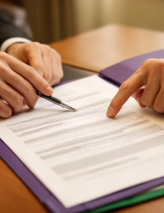 Manos señalando cláusulas de un contrato jurídico durante una reunión