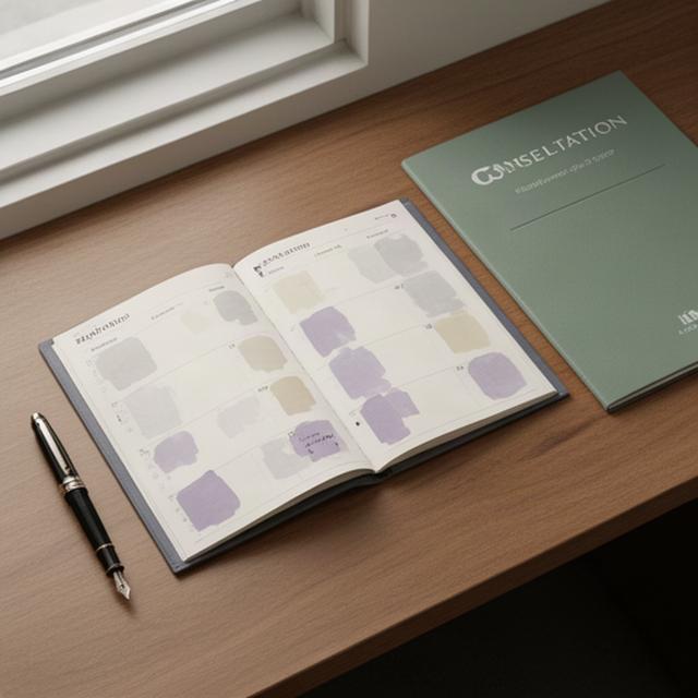 Agenda abierta junto a una pluma y una carpeta de consulta jurídica