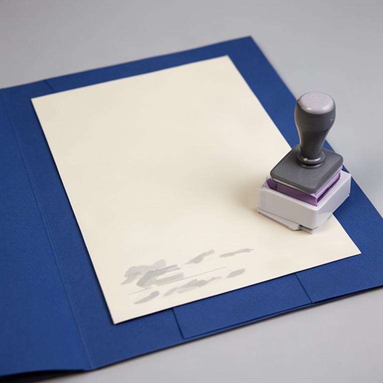 Notificación administrativa y sello sobre una carpeta azul en un escritorio