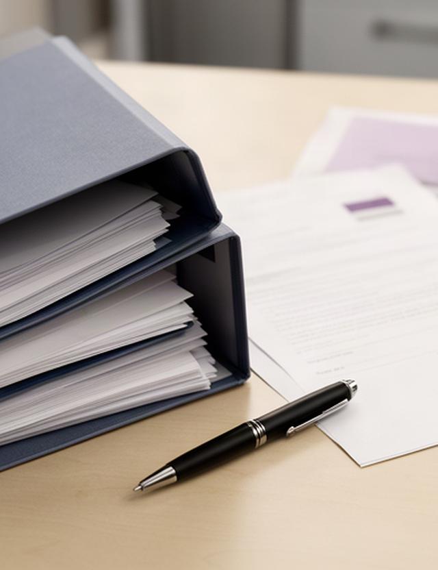 Documentos de una relación laboral ordenados junto a un bolígrafo en un despacho