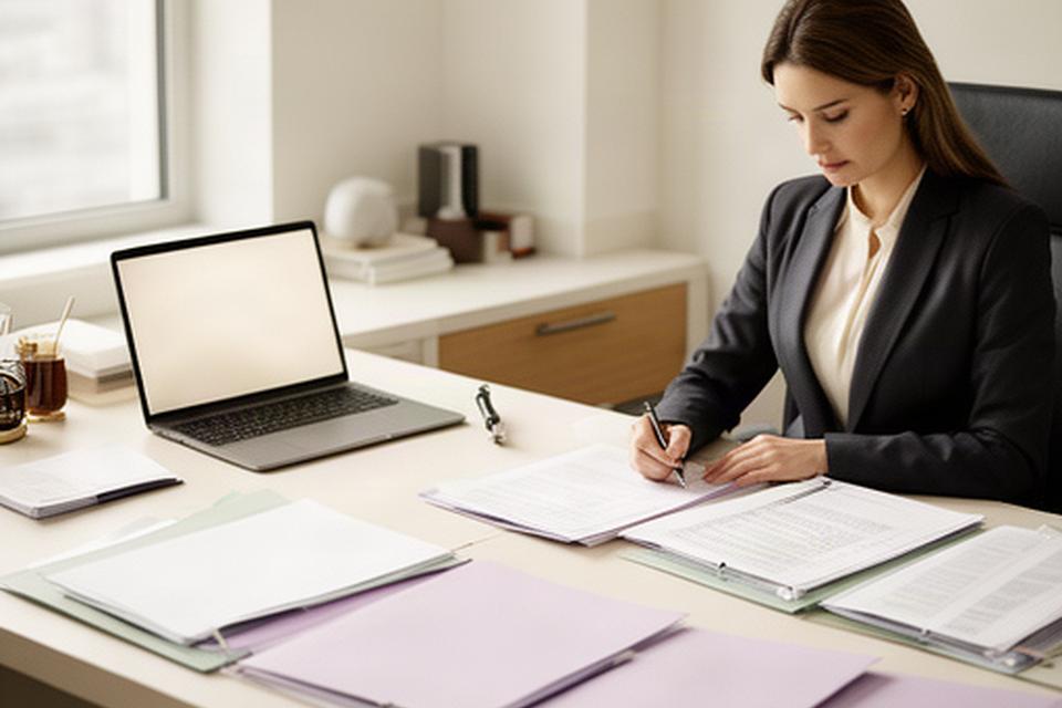 Abogada preparando un escrito administrativo en una mesa de trabajo ordenada