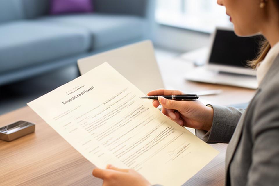 Abogada revisando un contrato laboral con anotaciones en una oficina tranquila